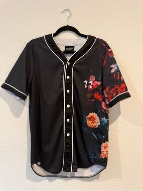 Freshhoods Black Floral Button Baseball Shirt